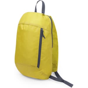 A yellow backpack with a zippered pocket and grey straps, featuring a sleek design and a logo.