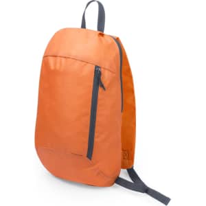 An orange backpack with a single front zip pocket and navy straps, featuring a logo on the side.