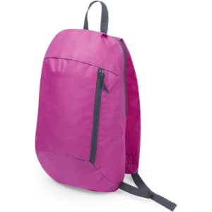 A bright pink backpack with a grey zip and straps, featuring a side zipper pocket. It has a sleek, casual design.