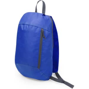 A blue backpack featuring a zippered front pocket and adjustable straps, with a logo on the side.