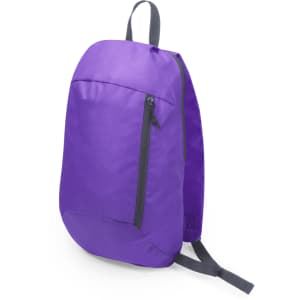 A purple backpack with a grey zipper and straps, featuring a sleek design and a single front pocket.