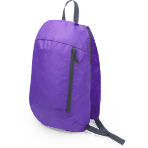 A purple backpack with a front zip pocket, featuring two shoulder straps and a simple design.