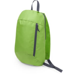 A green backpack with a zippered front pocket and adjustable straps, featuring a simple design and a logo.