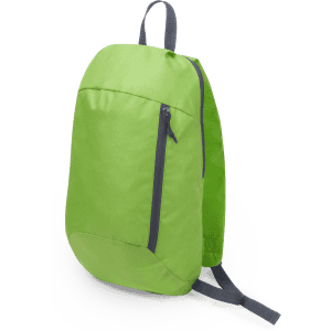 A green backpack with a zip pocket, featuring a sleek design and grey straps. It has a logo on the surface.