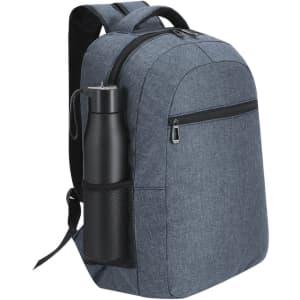 A blue fabric backpack featuring a side mesh pocket for a drink bottle and a front zippered compartment.