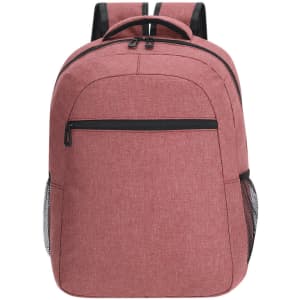 A red backpack with adjustable straps and a zippered front pocket, featuring mesh side pockets and a simple design.