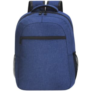 A blue Verbel backpack with a zippered front pocket and mesh side pockets. It features adjustable shoulder straps and a logo.
