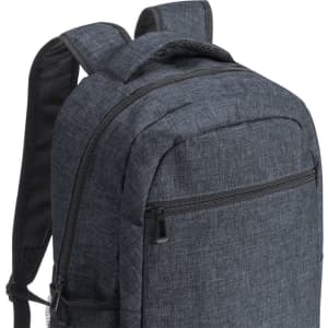 A dark grey backpack featuring a zippered front pocket and padded shoulder straps. It has a logo displayed.