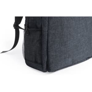 A grey textured backpack featuring a mesh side pocket and adjustable straps, with a logo on it.