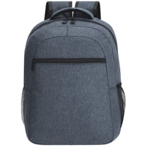 A blue backpack with a front pocket, side mesh pockets, and shoulder straps, featuring a simple design and branding.
