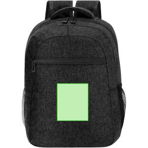 A black backpack featuring a front pocket and mesh side pockets, along with a blank area for branding.