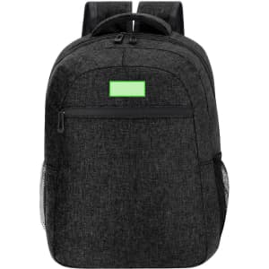 A black backpack with a textured surface, featuring a front zippered pocket and side mesh pockets. It has a logo.