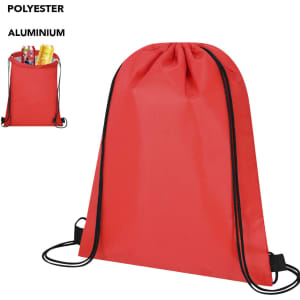 A red drawstring cooler bag made of polyester, featuring an aluminium lining and adjustable straps.