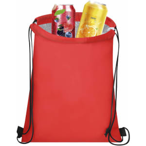 A red drawstring cooler bag contains two drink cans, one with berries and the other with orange. It has a logo.
