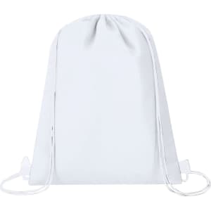 A white drawstring cooler bag with a simple design and adjustable cords on either side. It features a logo.