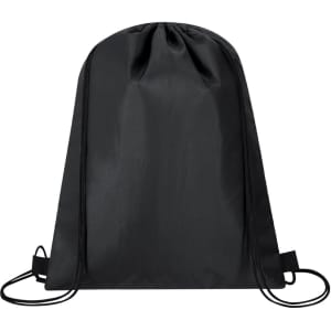 A black drawstring cooler bag with textured sides and a cinched top, featuring adjustable straps and a small logo.