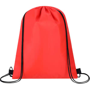 A red drawstring cooler bag with black straps, featuring a simple design and a logo.