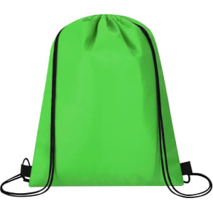 A green drawstring bag with black cords and a simple design, ideal for carrying items. It features a logo.
