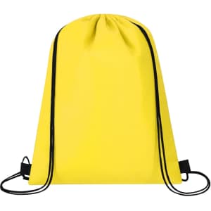 A yellow drawstring cooler bag with black accents, featuring a logo on the side.