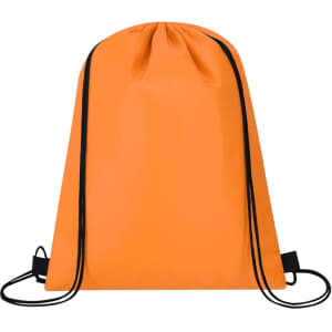 An orange drawstring cooler bag with black straps, featuring a logo on the front.