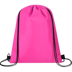 A pink drawstring cooler bag with black accents, designed for carrying drinks and snacks. Features a logo.