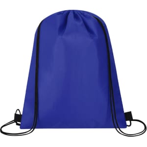 A blue drawstring cooler bag with black accents, featuring a simple design and a logo.