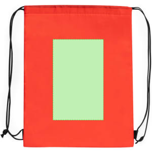A red drawstring cooler bag featuring a blank green panel and dark cords for closure. It includes a logo.