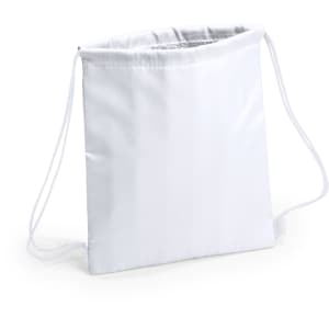 A white drawstring cooler bag with a simple design and drawstring closure. Features a logo.