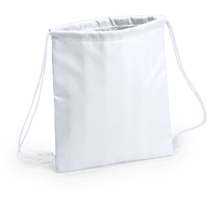 A white drawstring cool bag with a lightweight design and cords for easy carrying. It features a logo on the front.