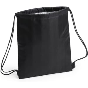 A black drawstring cooler bag with a simple design and adjustable straps. It features a logo on the front.