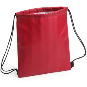 A red drawstring cooler bag with black cords, featuring an inner lining for insulation and a logo.