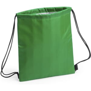 A green drawstring cooler bag with cord handles and a simple design, featuring a logo.
