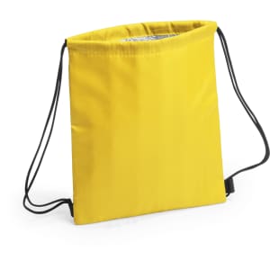 A yellow drawstring cooler bag with black straps and a logo on the inside.