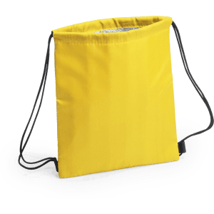 A yellow drawstring cooler bag with black straps, featuring a logo on the front.