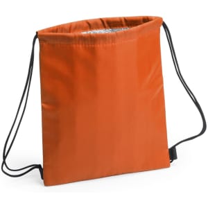 An orange drawstring cooler bag with two straps, designed for carrying beverages and snacks.