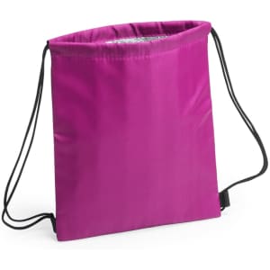 A pink drawstring cooler bag with black straps and a simple design, featuring a logo.