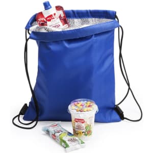 A blue drawstring bag filled with a drink pouch, snacks, and a container of colourful sweets. It has a logo.