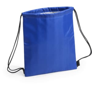 A blue drawstring cooler bag with black cords for closure, featuring a logo on the front.