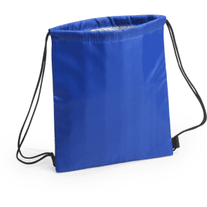 A blue drawstring cooler bag with black straps and a silver interior lining, featuring a logo.