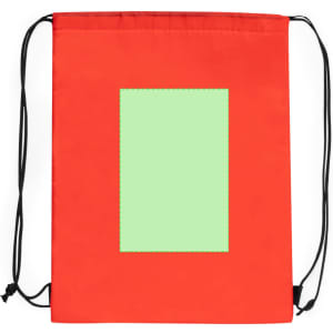 A drawstring cooler bag in vibrant red, featuring a green rectangular area on the front and a logo.