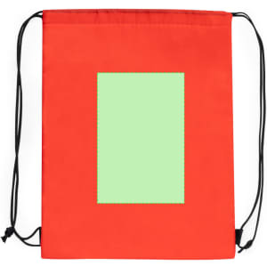 A bright red drawstring bag with a blank green panel in the middle and black drawstrings.