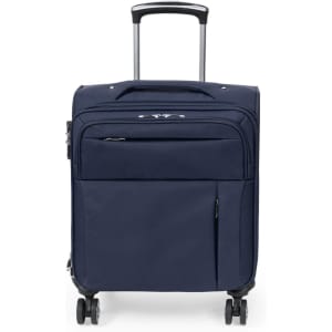 A wheeled bag in navy blue with a retractable handle and multiple zippered compartments. It features a logo on the front.