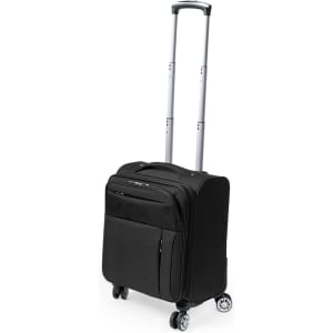 A black wheeled bag with extendable handle and multiple compartments, featuring branding on the front.