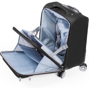 A wheeled black trolley bag with blue interior and compartments, partially opened to display its storage space.
