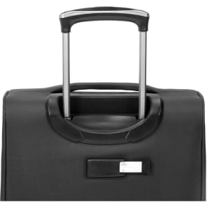A black wheeled bag with a retractable handle and a label holder. Features a smooth, durable surface.