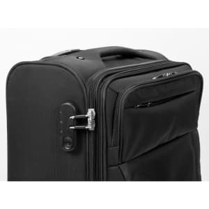 A black wheeled bag with a handle and zippers, featuring a lock mechanism and a sleek design.