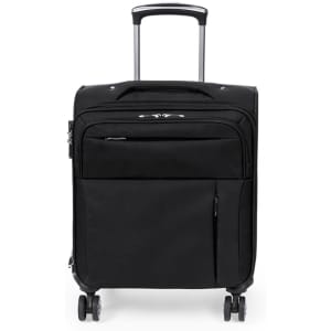 A black wheeled trolley bag with a retractable handle and multiple compartments, featuring a logo on the front.
