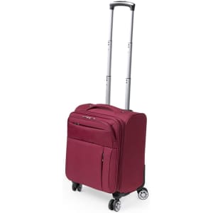 A wheeled bag in a deep red colour with a retractable handle and multiple compartments for storage.