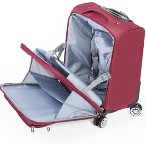 A red wheeled bag with a spacious interior, featuring grey lining and adjustable straps. It has a logo on the exterior.