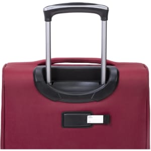A red wheeled bag featuring a retractable handle and a small label holder. It has a sleek design for travel.